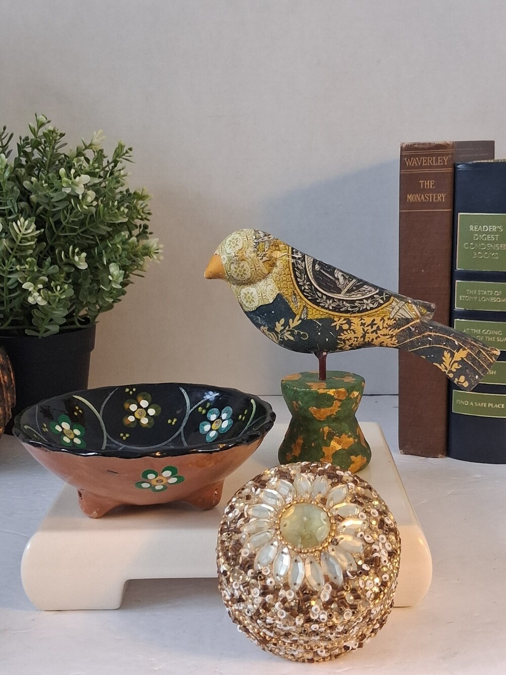 Vintage Boho Decor Lot: Hand-Painted Bird Statue, Bowl & Sequin Box